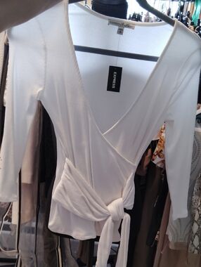 Express White Ribbed Wrap Tie Top S NWT $40